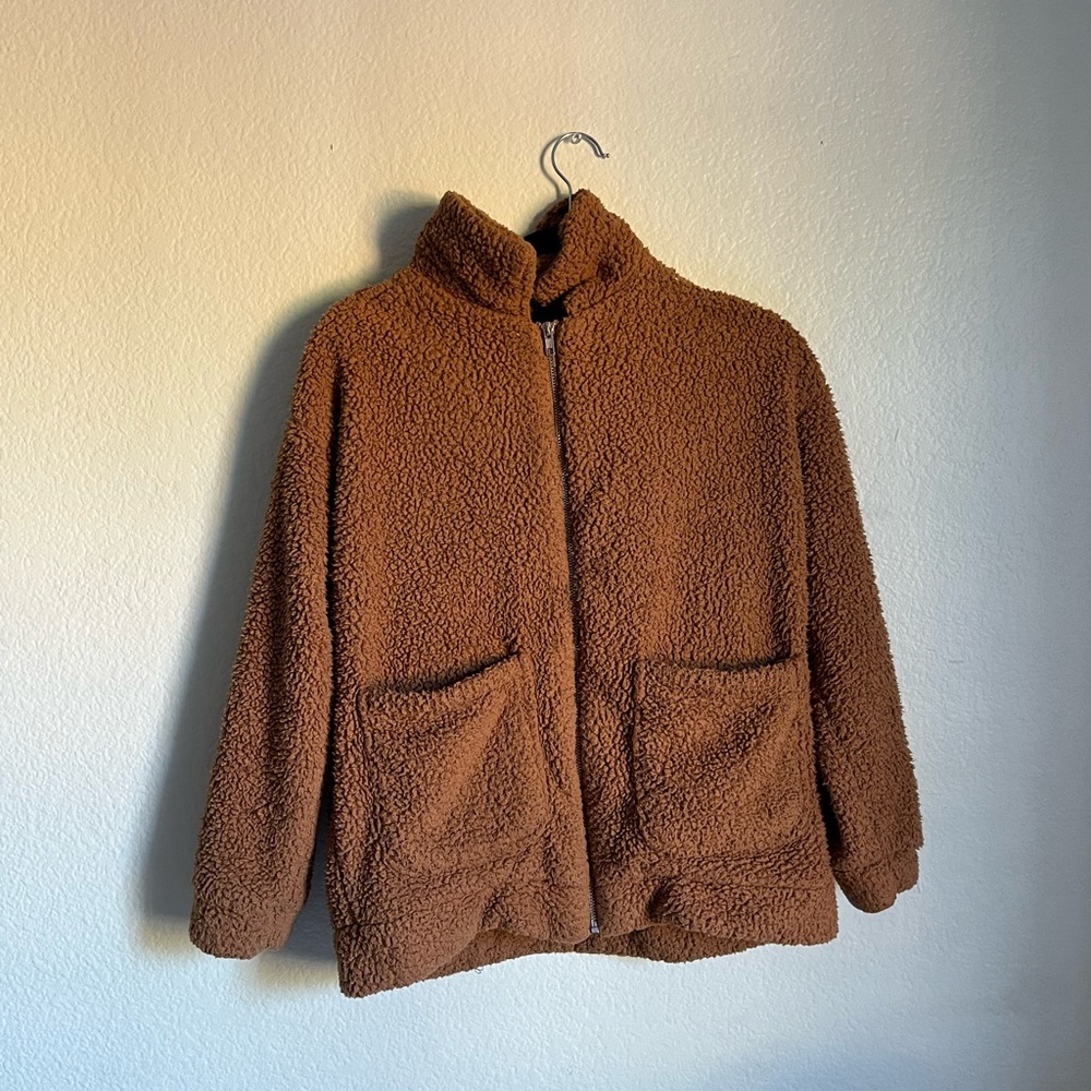 Brown sherpa zip up jacket; fuzzy